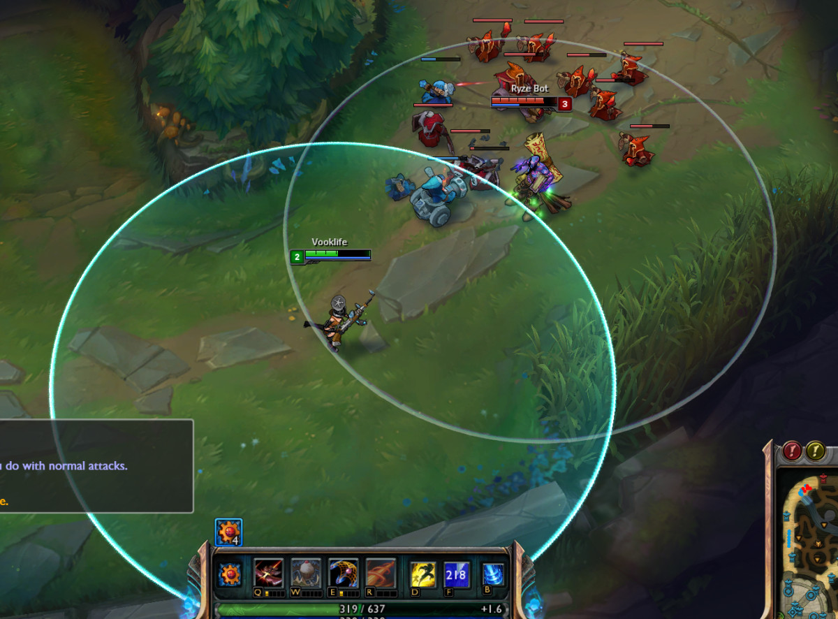 jeu league of legends botlane caitlyn qui est proche des sbires minions et qui attaque le champion Ryze - Définition MegaDico